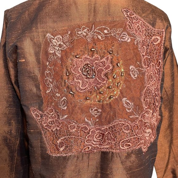 56% Silk Lace Beaded Jacket S Coldwater Creek Bronze Floral Metallic Button-up - Picture 9 of 16